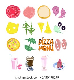 Set of color food drawings, for advertising restaurant, pizzeria, vector image