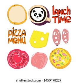 Set of color food drawings, for advertising restaurant, pizzeria, vector image