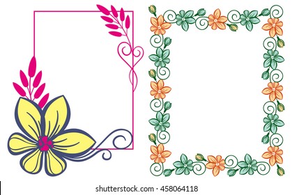 Set of color frames with abstract flowers. Vector clip art.