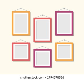 Set Color Frames For Photos Or Pictures Hanging On The Wall. Vector Mock Up. Blank Frame Art Gallery.