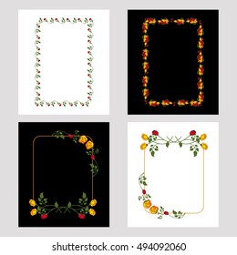 Set of color frames with roses. Design elements for graphic backgrounds. Vector clip art.