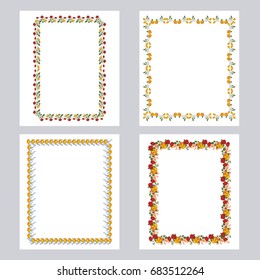 Set of color frames with roses. Design elements for graphic backgrounds. Vector clip art.