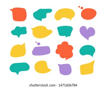 Set of color frames for speech bubbles of different forms. Slogan stylized typography. Dialog windows with phrases: hello, thanks, love, yes, no, good day, happy, bye and more