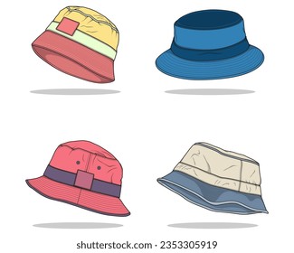 set of color full bucket hat drawing vector, color full bucket hat in a sketch style,  template color full for training, vector Illustration.
