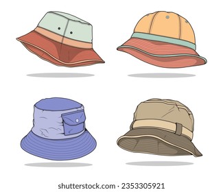 set of color full bucket hat drawing vector, color full bucket hat in a sketch style,  template color full for training, vector Illustration.
