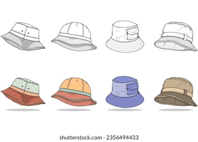 set of color full bucket hat drawing vector, color full bucket hat in a sketch style,  template color full for training, vector Illustration.
