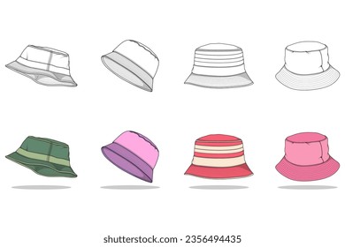 set of color full bucket hat drawing vector, color full bucket hat in a sketch style,  template color full for training, vector Illustration.
