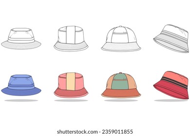 set of color full bucket hat drawing vector, color full bucket hat in a sketch style,  template color full for training, vector Illustration.
