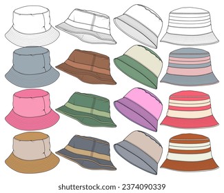 set of color full bucket hat drawing vector, color full bucket hat in a sketch style,  template color full for training, vector Illustration.
