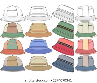 set of color full bucket hat drawing vector, color full bucket hat in a sketch style,  template color full for training, vector Illustration.
