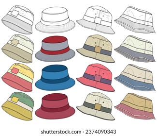 set of color full bucket hat drawing vector, color full bucket hat in a sketch style,  template color full for training, vector Illustration.
