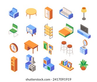 Conjunto de iconos de muebles de color. Pegatinas luminosas con sofá, cama, lámpara de pie, sillón, mesa de comedor, TV y mesa de noche. Diseño interior. Colección vectorial isométrica de dibujos animados aislada en fondo blanco