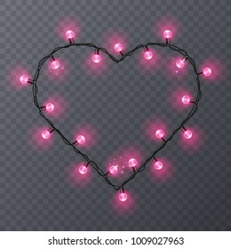 Set of color garlands, festive decorations. Glowing christmas lights isolated on transparent background. Frame with space for text. Vector illustration