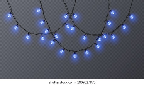 Set of color garlands, festive decorations. Glowing christmas lights isolated on transparent background. Vector illustration