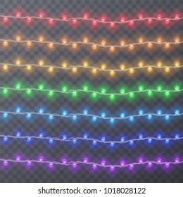 Set of color garlands, festive decorations. Glowing christmas lights isolated on transparent background. Vector illustration