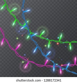 Set of color garlands, festive decorations. Glowing christmas lights isolated on transparent background. Vector illustration