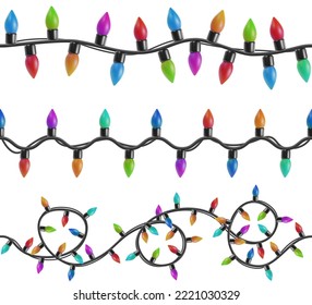 Set of color garlands, festive decorations. Glowing christmas lights isolated on white background. Vector seamless horizontal objects. 
