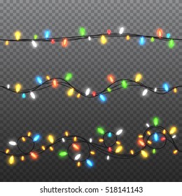 Set of color garlands, festive decorations. Glowing christmas lights isolated on transparent background. Vector seamless horizontal objects. 