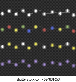 Set of color garlands, festive decorations. Glowing christmas lights. Vector illustration