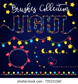 Set of color garlands, festive decorations light bulb, heart and star shape.