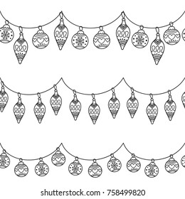 Set of color garlands, festive decorations. Glowing christmas lights seamless horizontal objects. Vector illustration