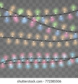 Set of color garlands, festive glowing christmas lights isolated on transparent background. Vector Illustration.
