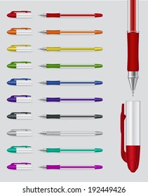 Set of color gel pens with open caps isolated on white background