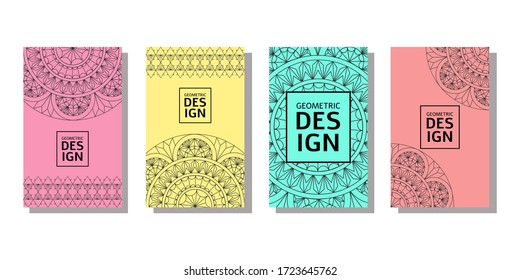 Set color of geometric cover templates. Ethnic mandala ornament. Invitation and advertising banners. Vector stock illustration.