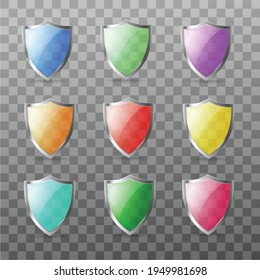 Conjunto de escudos de seguridad de vidrio de color, ilustración vectorial realista aislada.