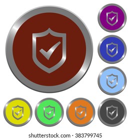 Set of color glossy coin-like active shield buttons.
