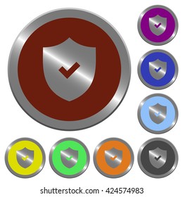 Set of color glossy coin-like active security buttons.