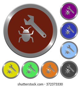 Set of color glossy coin-like bug fixing buttons.