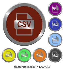 Set of color glossy coin-like CSV file format buttons.