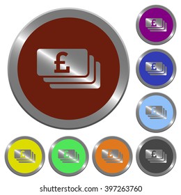 Set of color glossy coin-like pound banknotes buttons.
