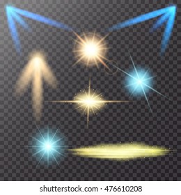 Set of color glowing light burst explosion with transparent. Vector illustration for cool effect decoration with ray sparkles. Bright star. Transparent shine gradient glitter, bright flare. sun and