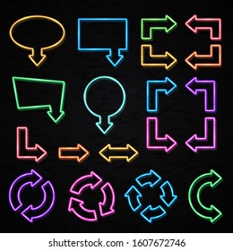 Set of color glowing neon arrows isolated on black brick wall background. Shining and glowing neon effect. Arrow direction symbol from wires, tubes, brackets with reflection. Light vector illustration