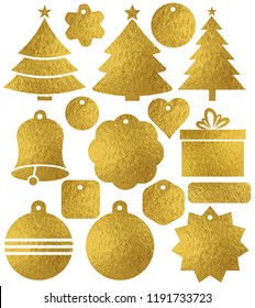 Set of color golden glittering christmas labels, box, tree, bell, heart, star, vector illustration. Isolated on white.
