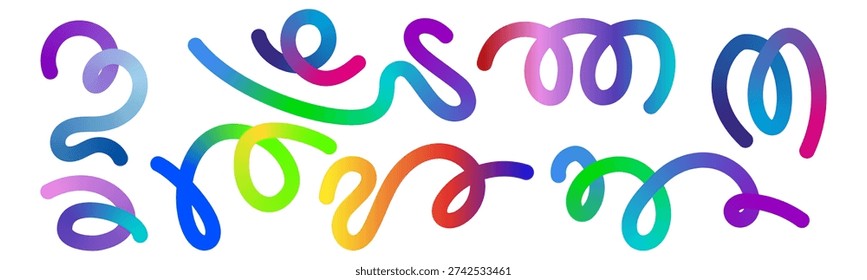 Set of color gradient line shapes. Abstract pattern background with colorful wave shapes. Gradient swirl vector ribbons. Fluid squiggly dynamic spiral elements with neon flow for design banner flyer