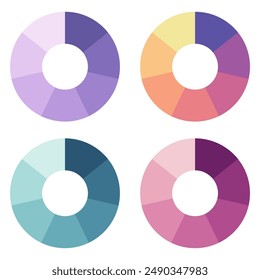 Set of color gradient pie chart.Graphic circle divided in 7 segments.Vector illustration.