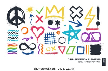 Set of color graffiti spray pattern. Heart, crown, thunder symbol collection. Arrow, infinity, wave geometric shapes. Circle, square, triangle graphic design element. Peace, hippy, street art concept