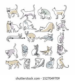 Set of color graphic continuous line drawing cute cat pose colorful collection.