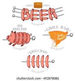 Set of color grill and BBQ labels or emblems isolated on white. Pork chicken and sausages on skewer