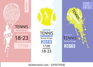 Set of color grunge designs of banners for tennis. Sketch tennis racket, dirty ball, hand drawing. Vertical Sport flyer template. Abstract background.