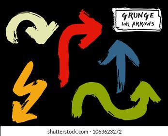 Set of color grungy vector  hand paint ink brush lines. Grunge stroke colorful curve arrows on black background. Chinese calligraphy style graffiti frame