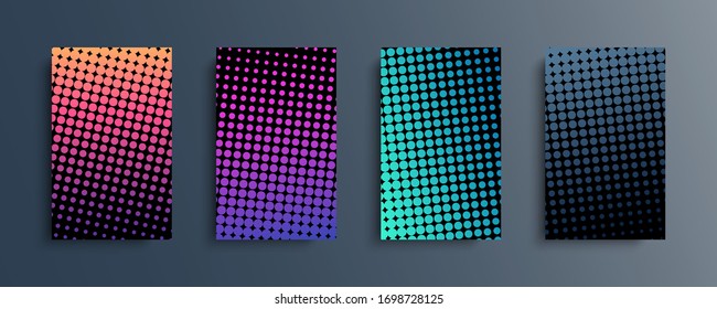 Set of color halftone backgrounds with dots patterns. Colorful gradient halftone covers collection for brochures, posters, banners, flyers and cards. Vector illustration.