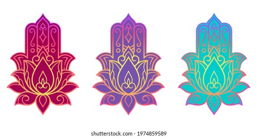 Set of color Hamsa hand drawn symbol on flower ornament. Decorative pattern in oriental style for the interior decoration and henna drawings. The ancient sign of "Hand of Fatima". Print on t-shirt.