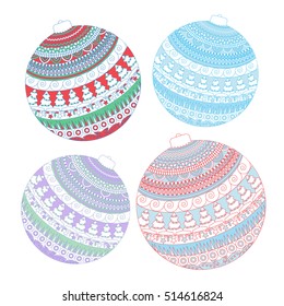 Set of color Hand drawn ball with doodle decorative elements: herringbone, spiral, stars. Christmas pattern holiday greeting or invitation cards, print, wrapping paper. Vector illustration.