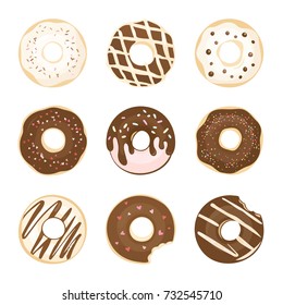 Set of color hand drawn chocolate donuts in modern flat style. Donut isolated on white for your design