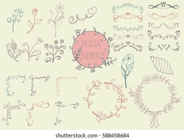 Set of color hand drawn design elements (frames, text dividers, corners). Vector illustration.