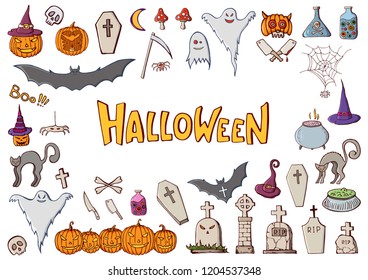 Set of color hand drawn doodle cartoon elements of Halloween celebration. Pumpkins, bats, spiders, ghost, tombs. Handmade vector lettering. Isolated doodles on white background. Vector illustration.